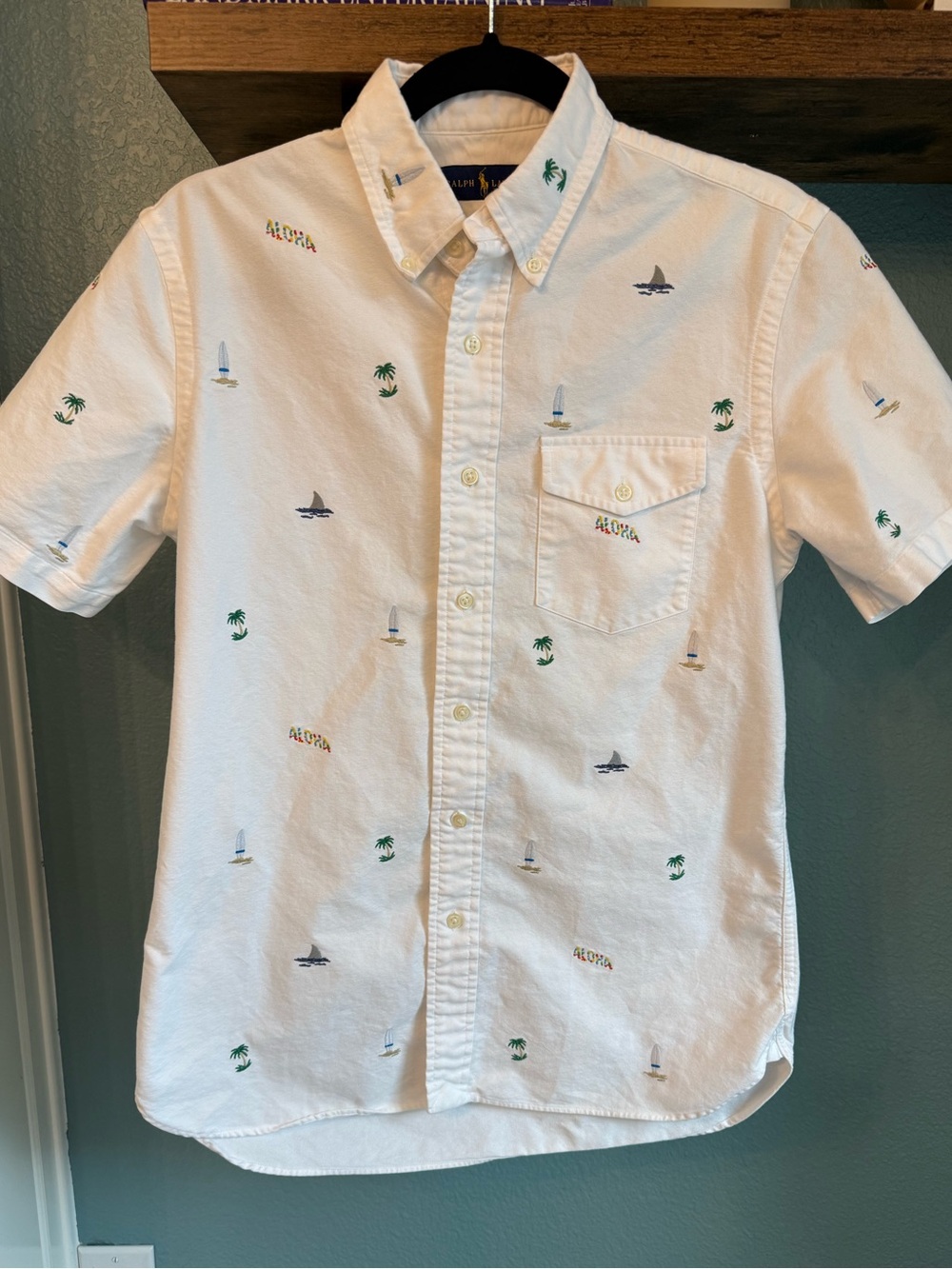 Ralph Lauren White Aloha Embroidered Oxford Button Down Shirt Men’s Small Beach